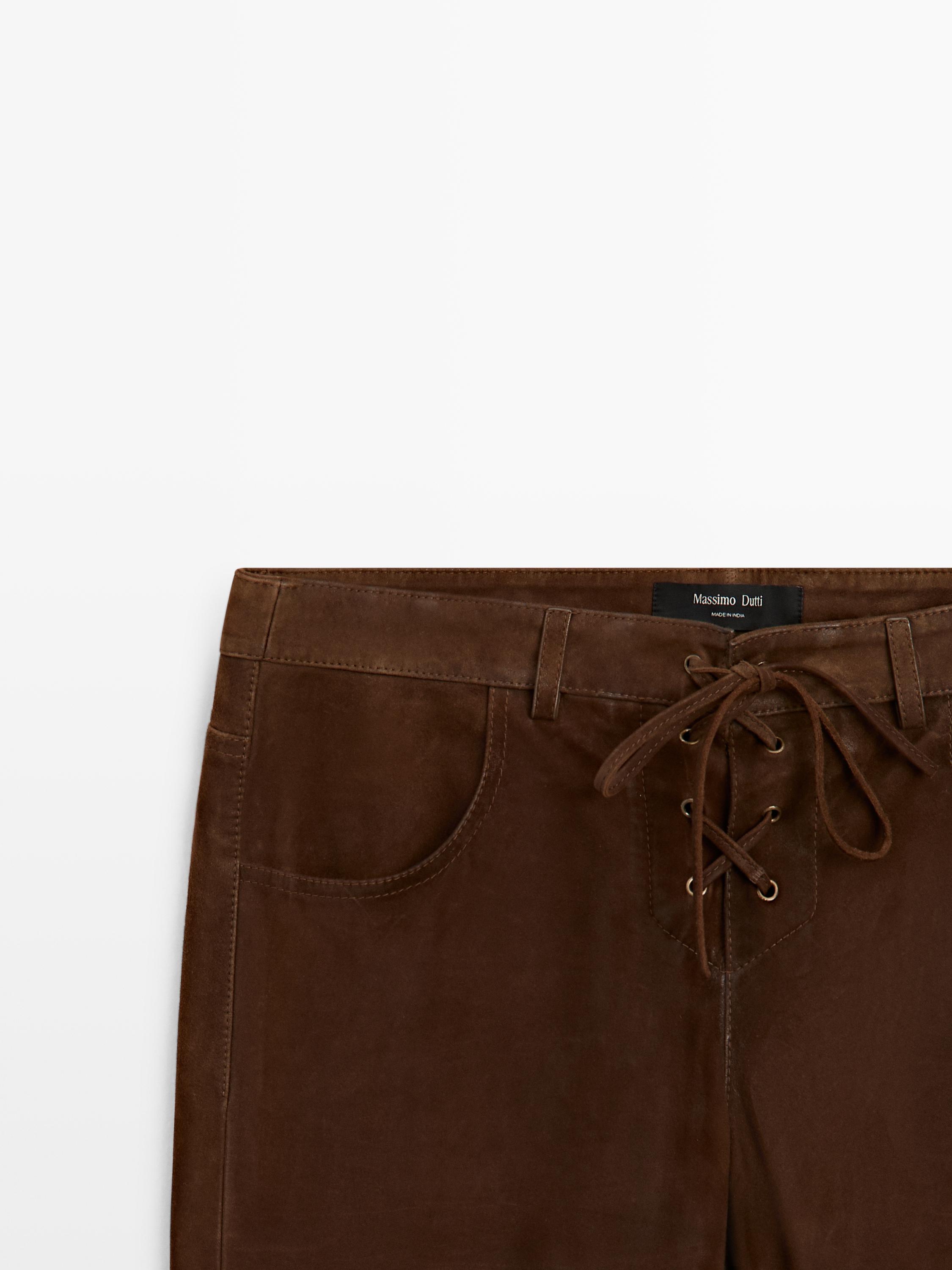 Cropped suede leather trousers with drawstrings